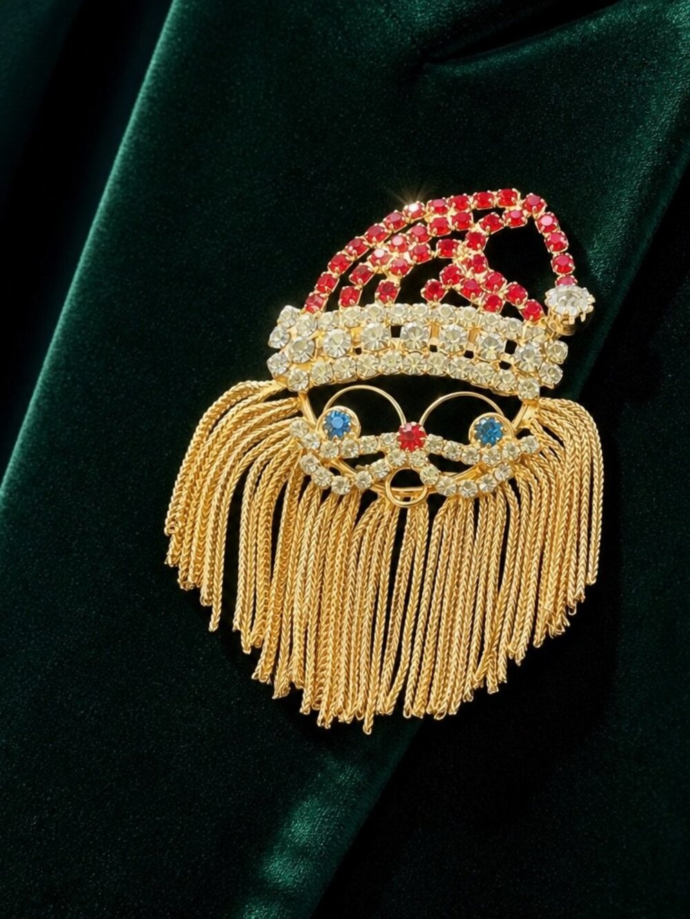 Vintage Santa Claus Rhinestone Brooch With Gold Tone Chain Beard Movable